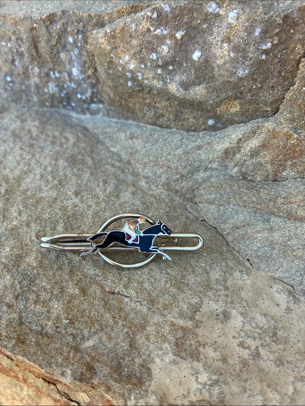 Vintage Silver Tone Horse & Jockey Enamel Tie Clip Bar